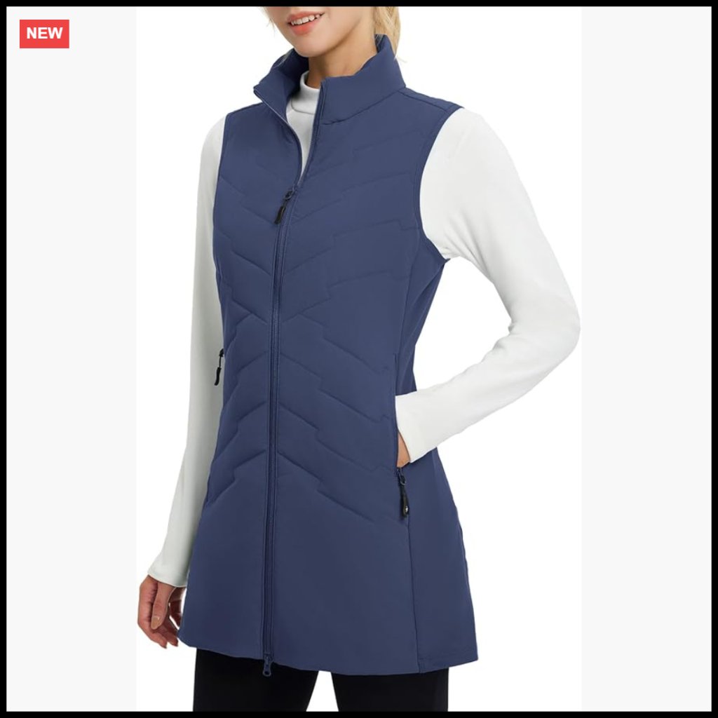 Long Puffer Vest Sleeveless Jacket Activewear Lightweight Fleece Hybrid Winter
